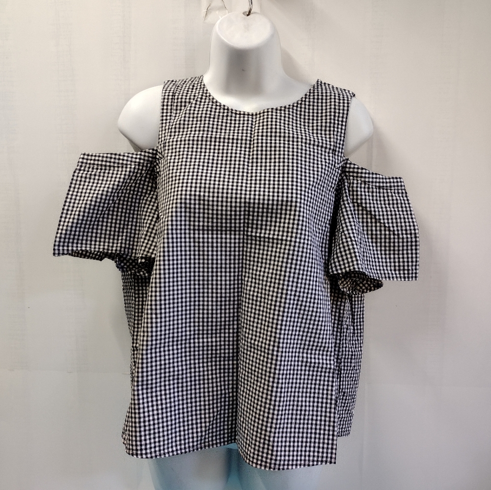 Express Womens Cold Shoulder Checkered Black White Top Size M